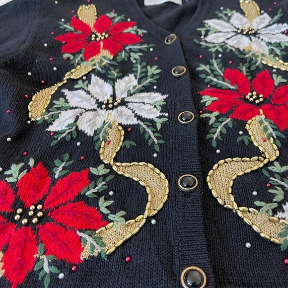 Design Options Cardigan Holiday Poinsettia Floral Black Beaded Size Large VTG - Picture 11 of 12
